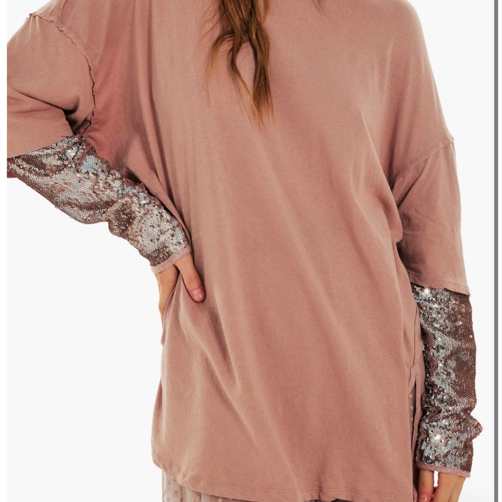 Free People Mauve Sequin Sleeve Sweatshirt